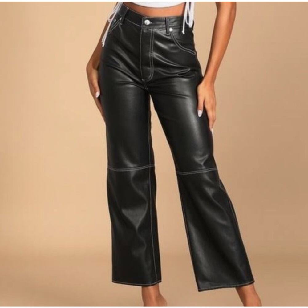 We The Free Vegan Leather Black Pants High Rise Straight Leg Grunge Biker Sz 2